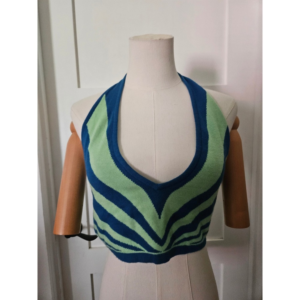 PrettyLittleThing Knit Halter Crop Top Women's Medium Blue Green Sunburst Y2K